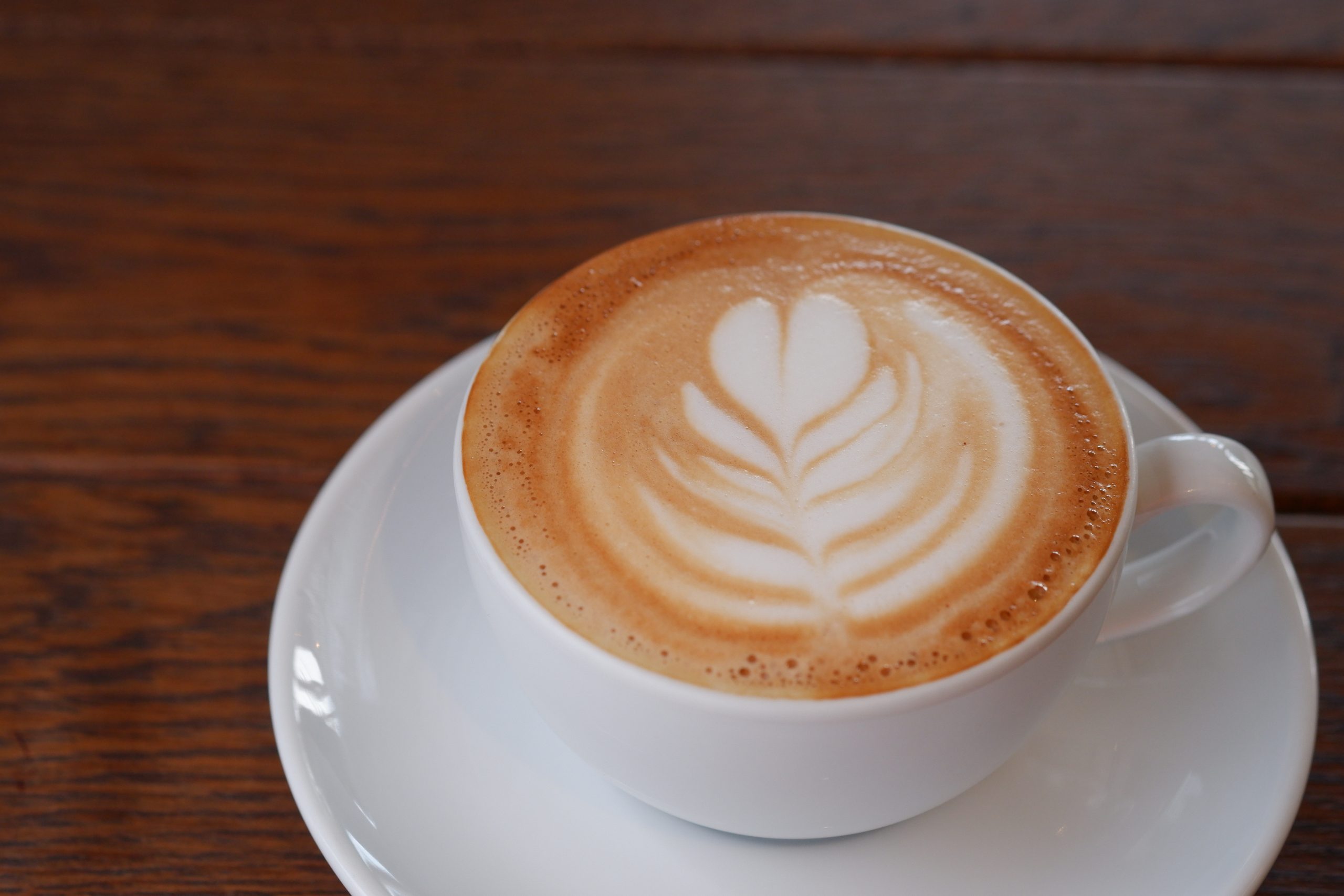 A white cup of cappuccino with a leaf pattern in the milk foam on a saucer on a dark wooden table